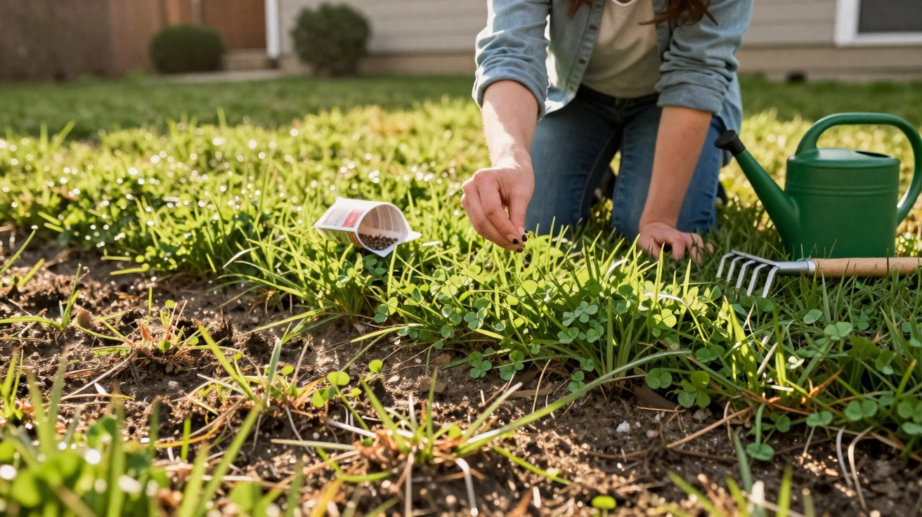 Person planting seeds in a garden bed with gardening tools and a green watering can nearby.