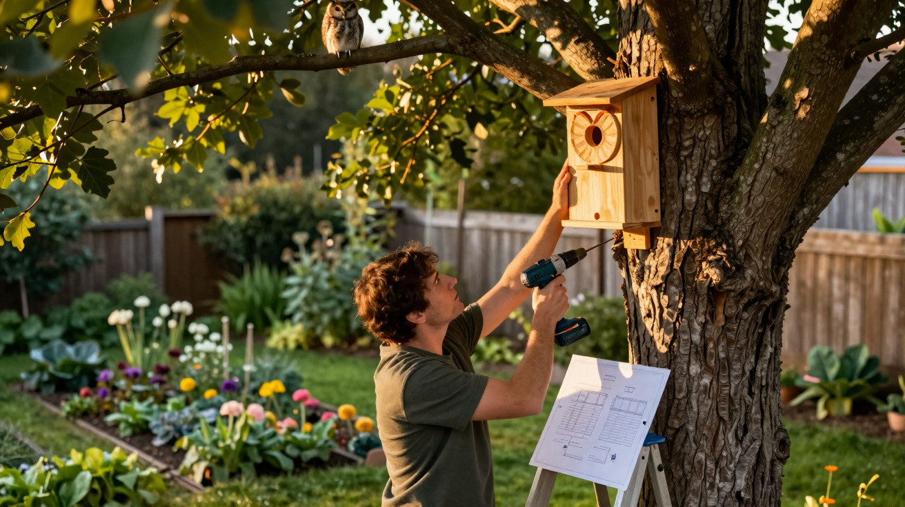 Man using a drill to fix a wooden birdhouse on a tree in a colourful garden with an owl perched above.