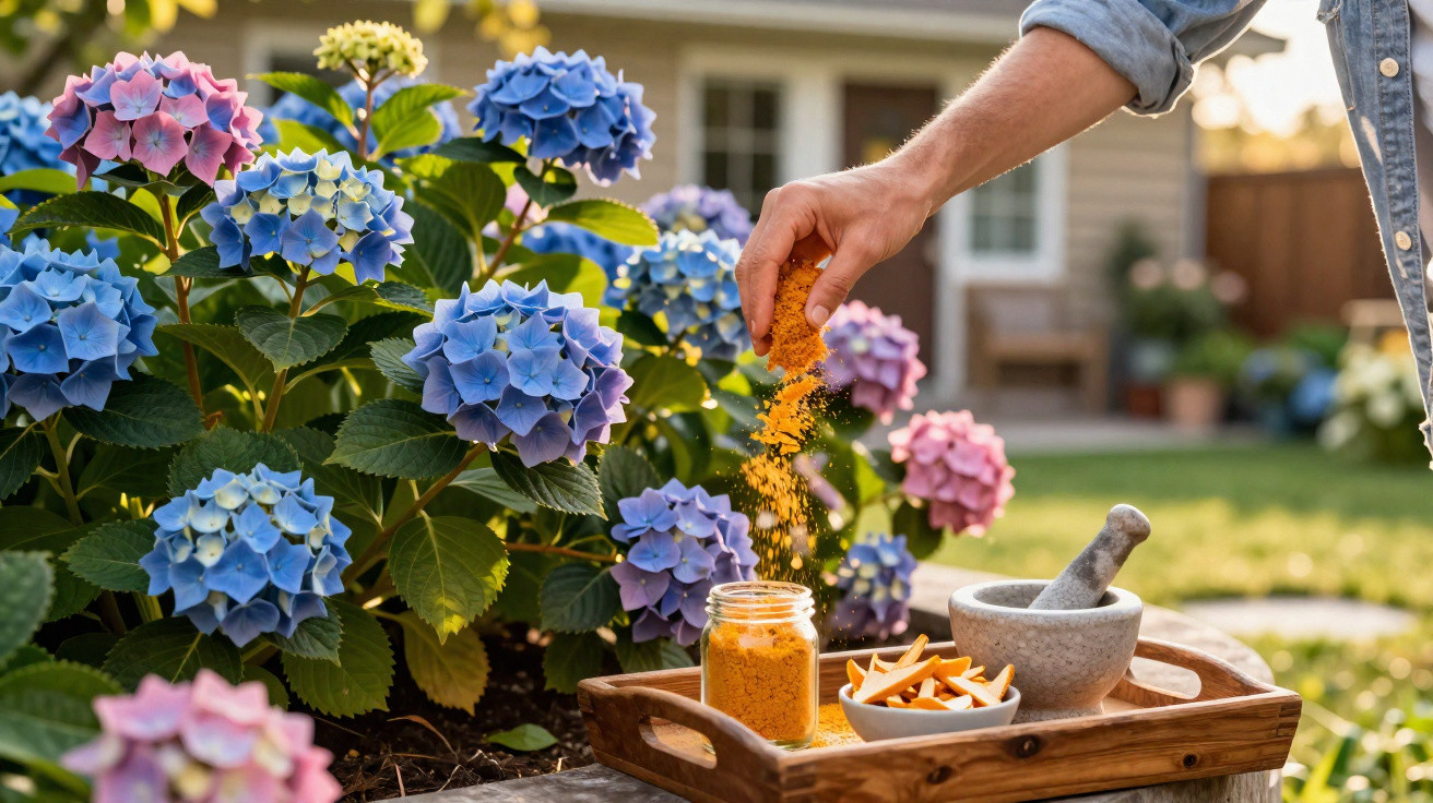 Person sprinkling orange powder near colourful hydrangea flowers in a sunny garden with mortar and pestle nearby.