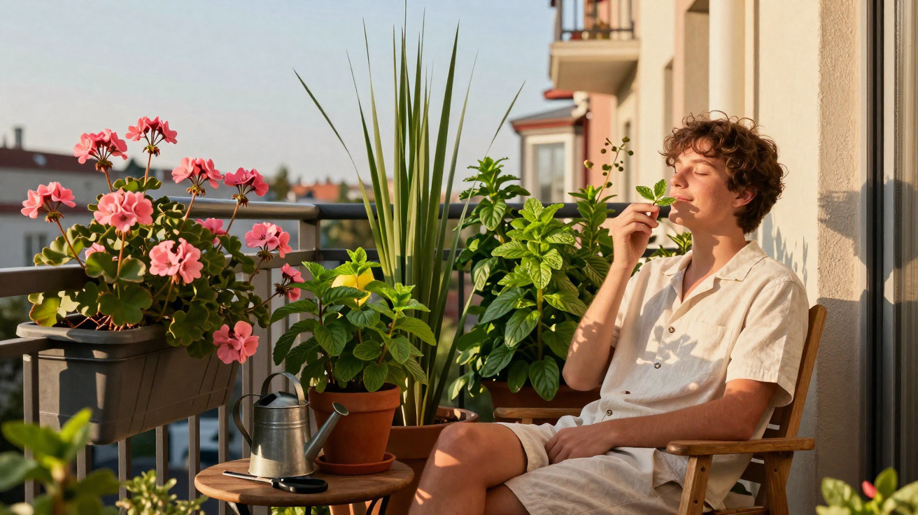 Person sitting on a balcony surrounded by plants, enjoying the scent of a leaf in warm sunlight.