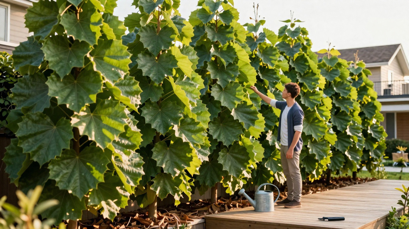 Person inspecting large green leaves on trees in a sunny backyard garden beside a wooden deck with watering can.