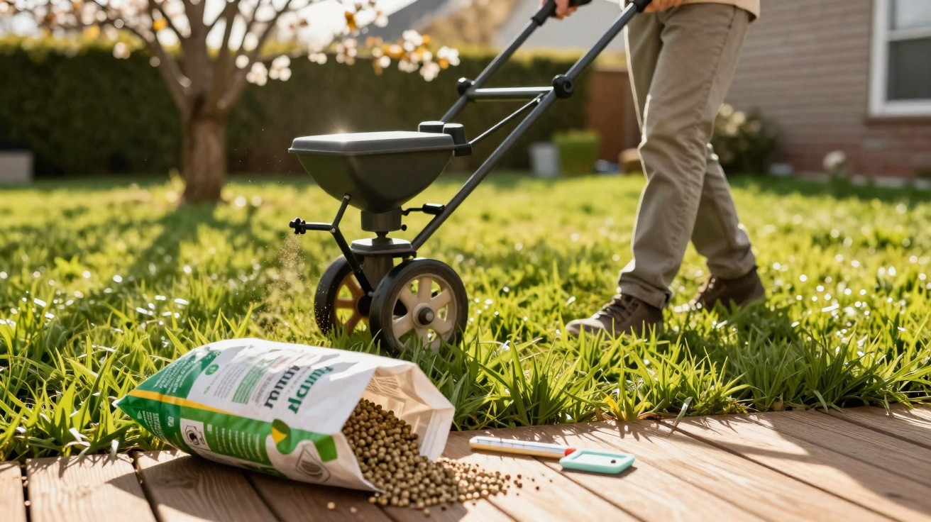 Person using a spreader to apply fertiliser on green grass in a sunny garden with an open fertiliser bag nearby.