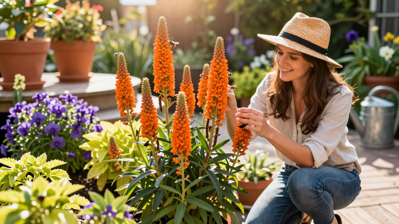 Woman in a hat tending to vibrant orange flowers on a sunny garden patio with other potted plants around.