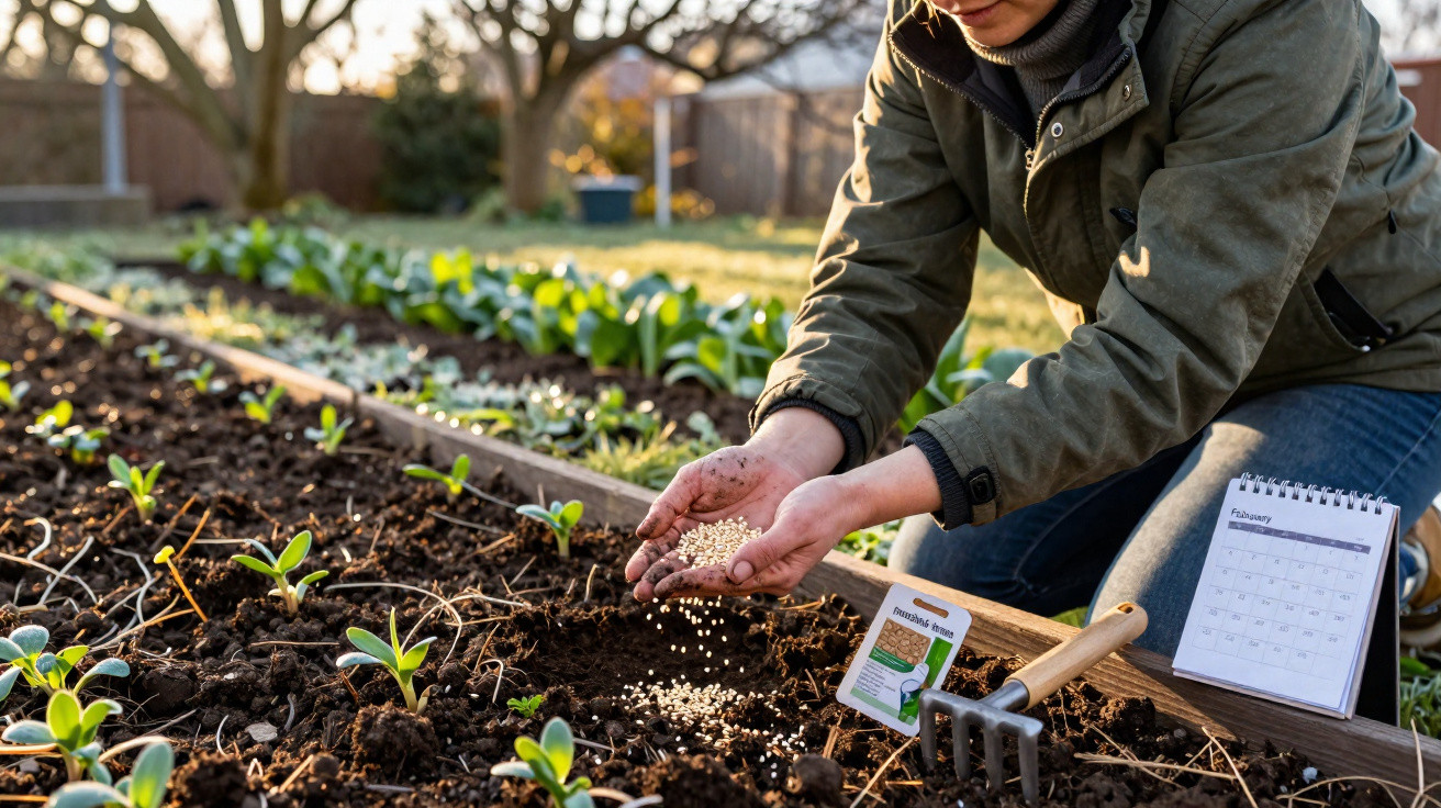 Person sprinkling fertiliser pellets on a vegetable garden bed with seedlings on a sunny day