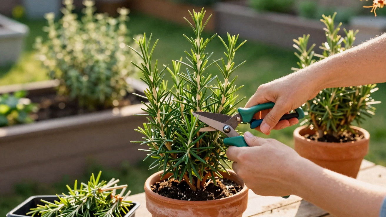 Hands trimming a rosemary plant in a terracotta pot with garden shears on a sunny patio.