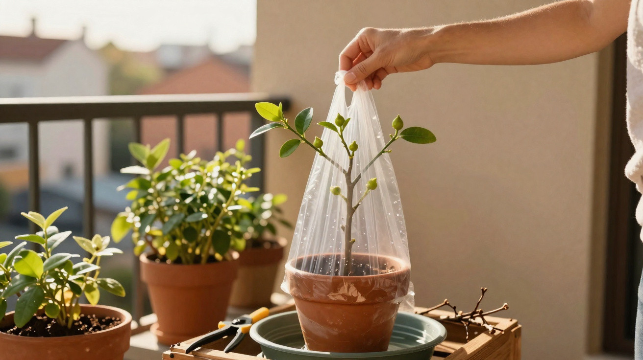 Hand holding a plastic bag over a small potted plant on a balcony with other plants nearby.