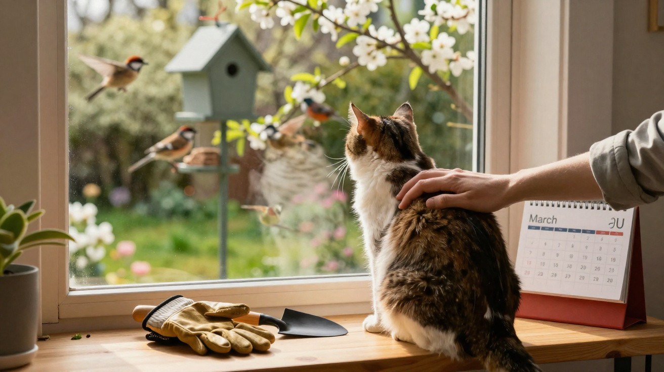 Person petting a cat on a windowsill as birds feed at a birdhouse outside in a spring garden.