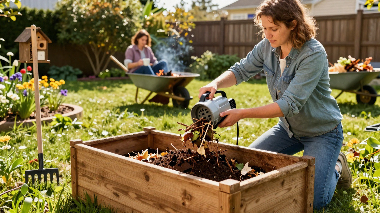 Woman using a shredder to break down garden waste in a raised wooden planter box in a sunny backyard.