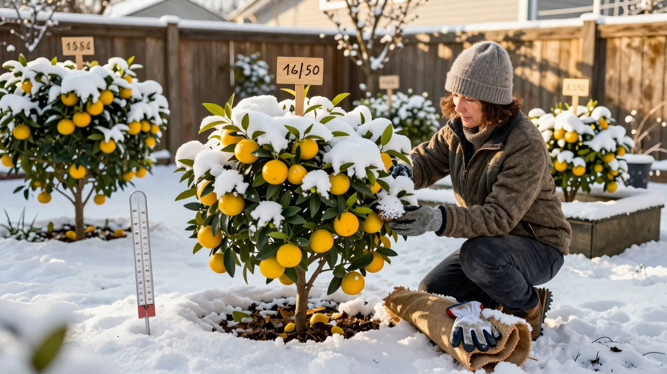 Person tending to snow-covered orange trees in a snowy garden with thermometer and plant labels visible.