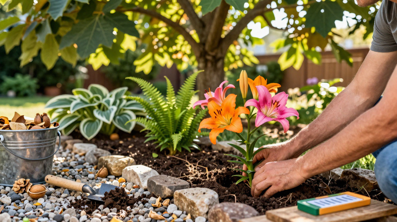 Person planting pink and orange lilies in a garden bed with stones and gardening tools nearby.