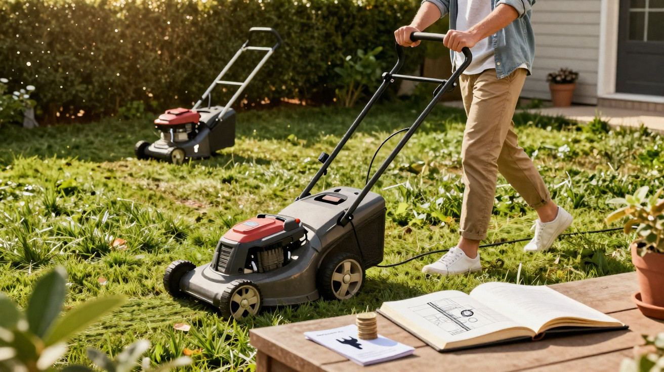Person mowing a garden lawn with an electric mower on a sunny day near a patio table with an open book.