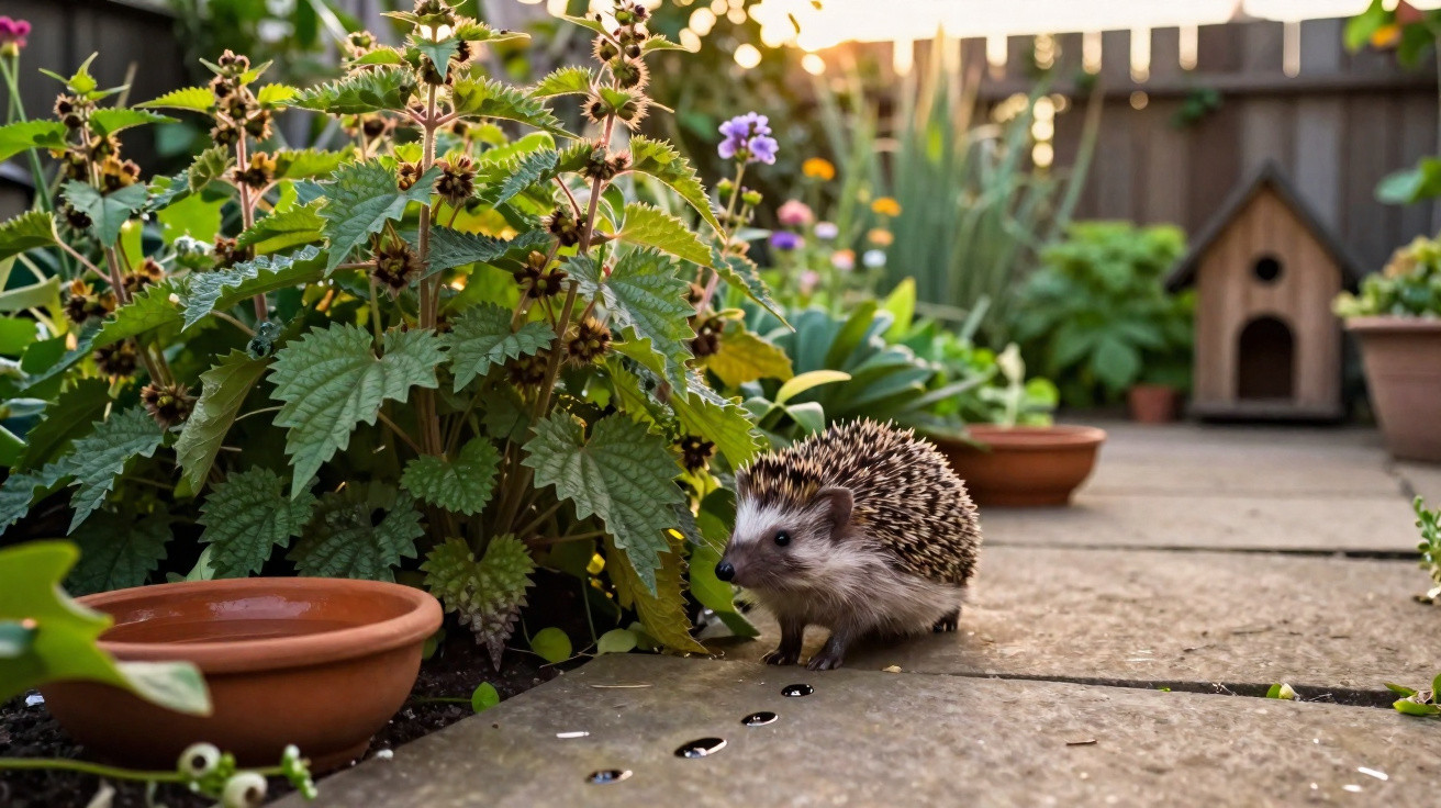Small hedgehog walking on garden patio near a plant pot and leafy green bush at sunset.