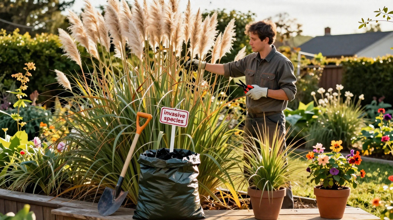 Man wearing gloves removes invasive pampas grass in a garden with a shovel, bag, and potted plants nearby.
