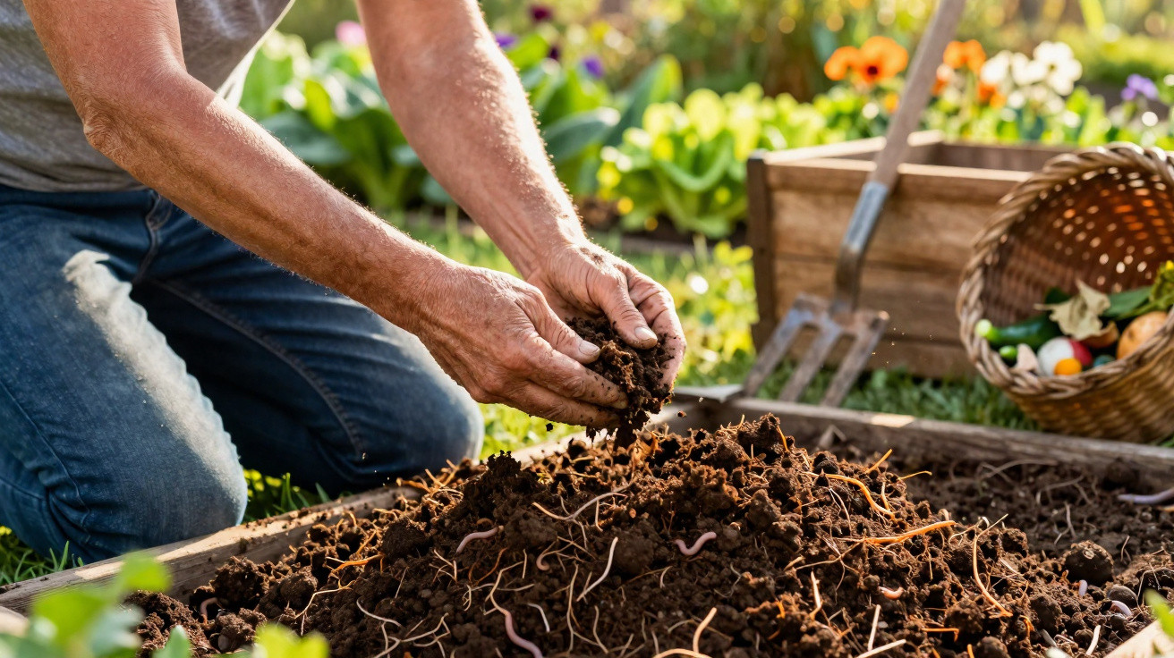 Person kneeling in a garden bed, holding soil with earthworms, surrounded by gardening tools and plants.