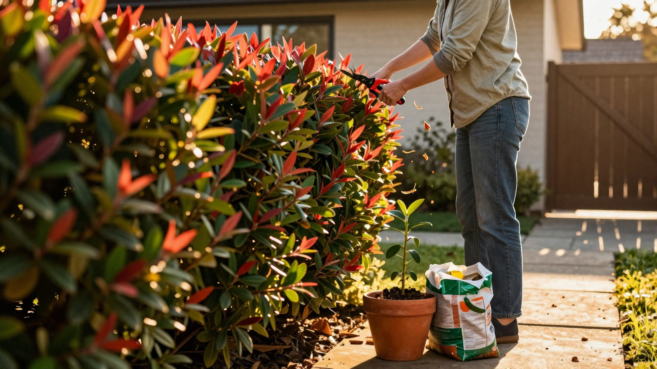Person trimming a sunlit hedge outdoors next to a potted plant and gardening supplies on a paved path.