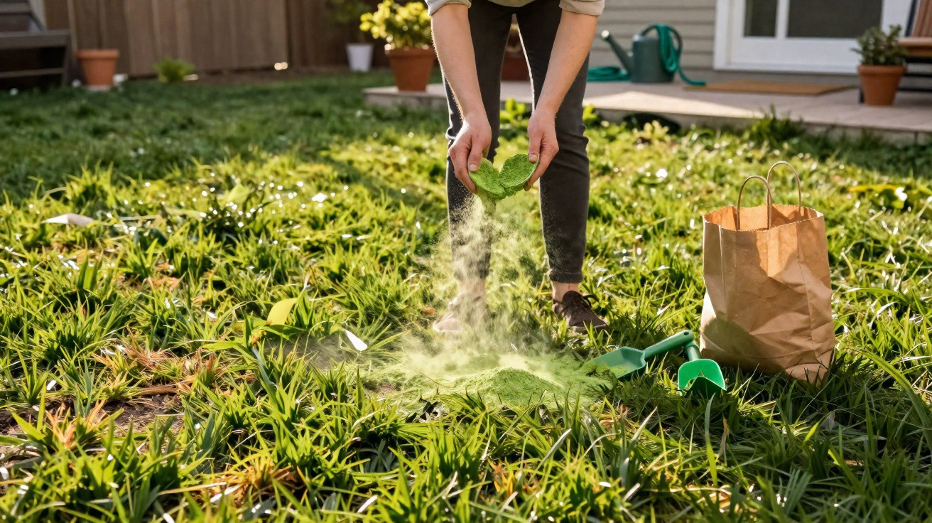 Person spreading green grass seed over a patchy lawn in a sunny garden with gardening tools nearby.