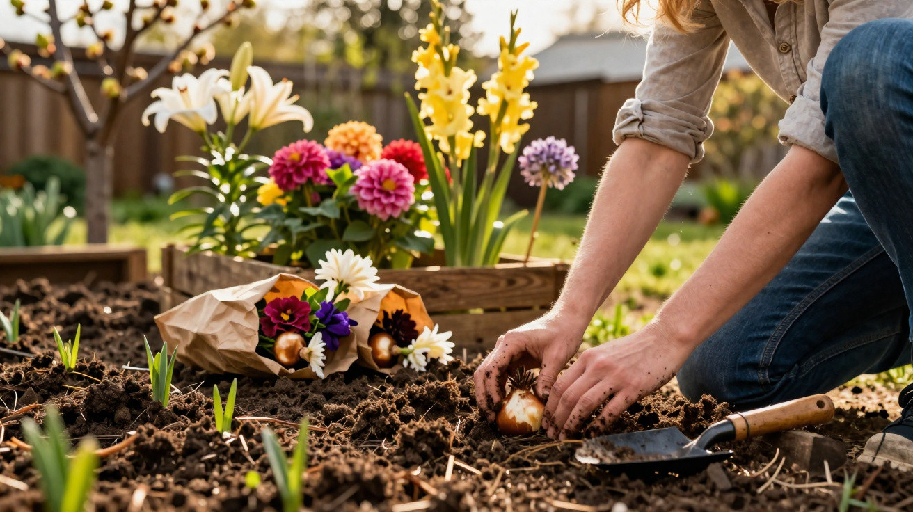 Person planting flower bulbs in soil with colourful flowers and gardening tools nearby in a garden.