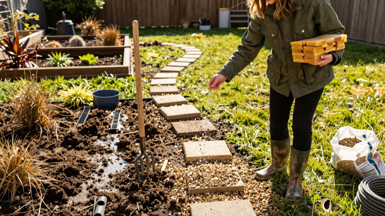 Person spreading gravel along garden stepping stones beside a vegetable patch in a sunny backyard.