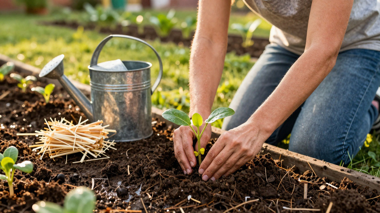 Person planting a young seedling in garden soil with a watering can and plant labels nearby.