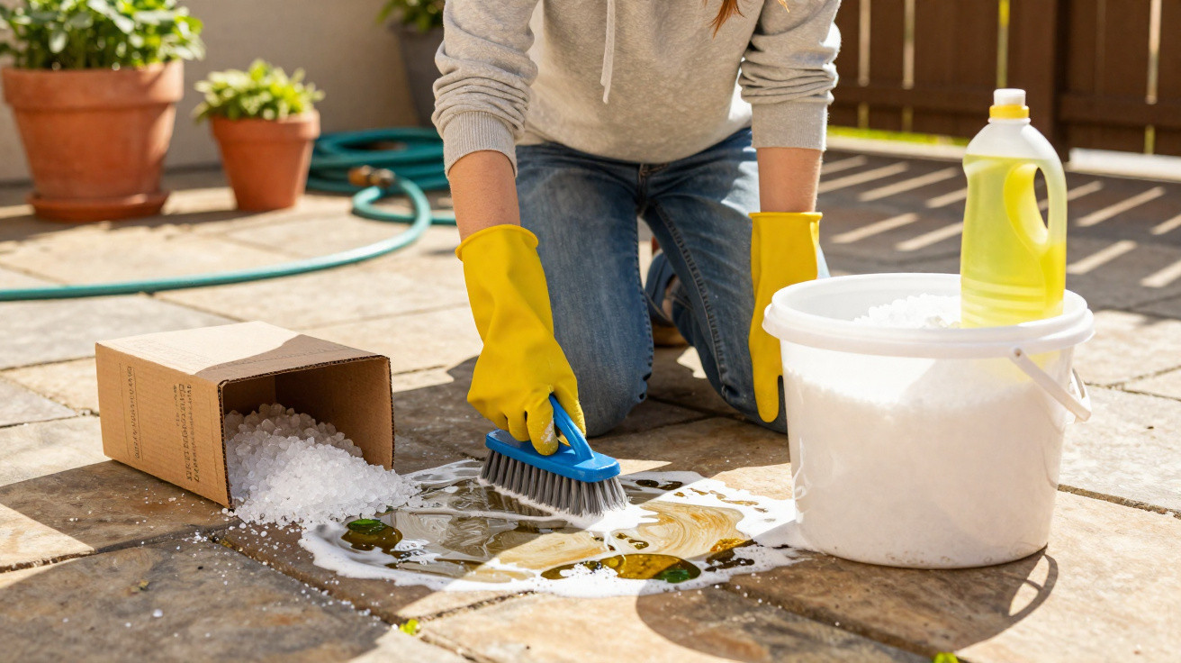 Person wearing yellow gloves scrubbing an outdoor tiled floor stain with brush, detergent, and cleaning pellets nearby