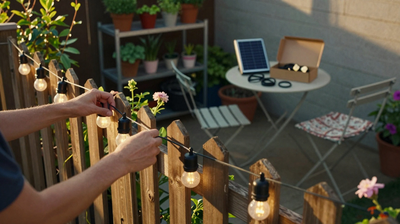 Person installing string lights on a wooden fence in a garden with potted plants and a small table.