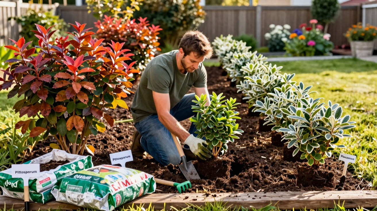 Man planting Pittosporum shrubs in a garden bed with gardening gloves and soil bags nearby.