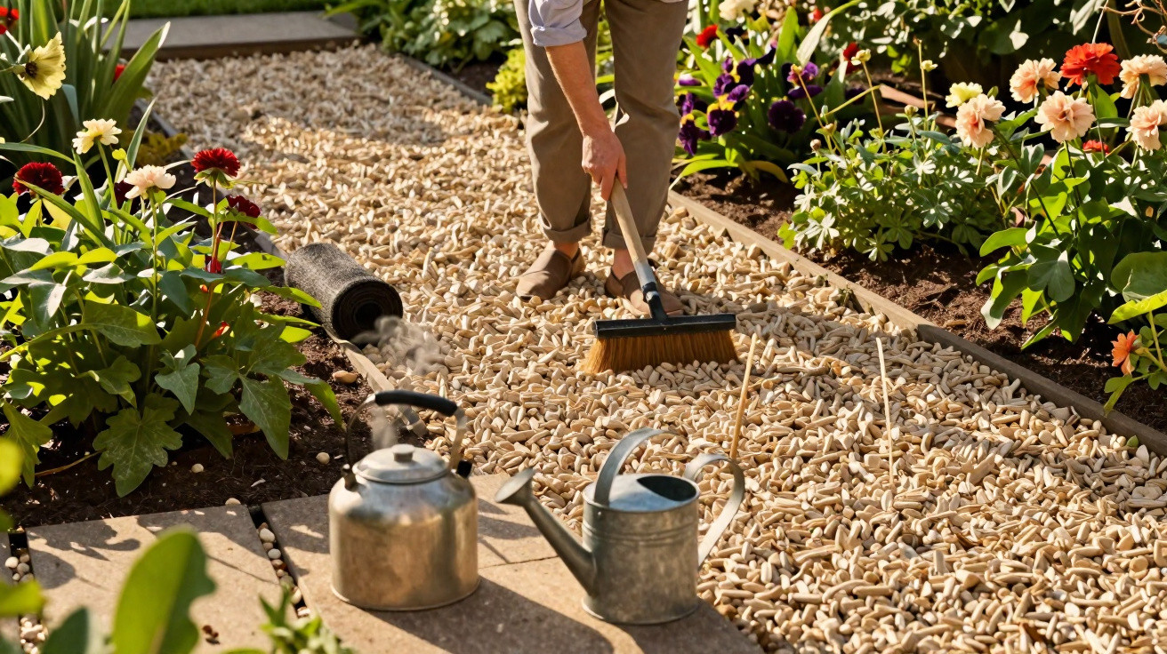 Person sweeping woodchip garden path surrounded by colourful flowering plants and garden tools nearby.