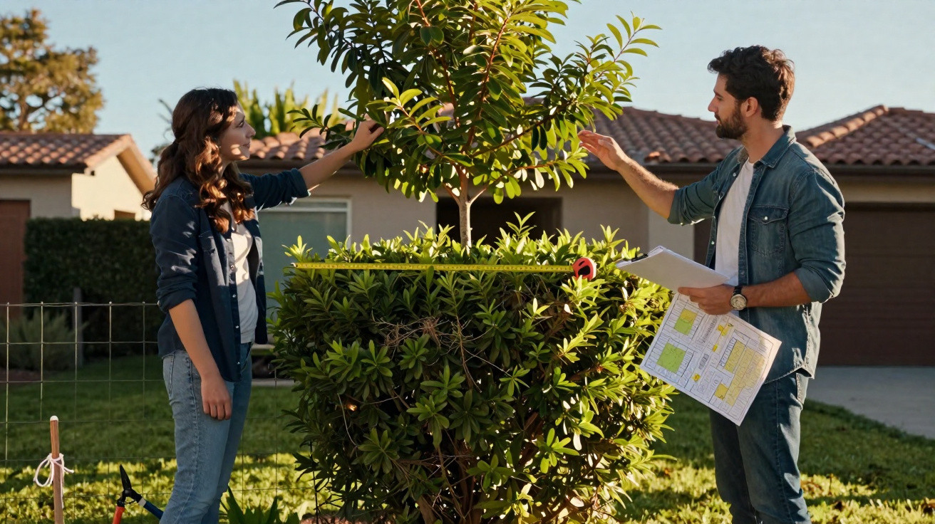 A man and woman examine a tree in a garden, with the man holding house plans.