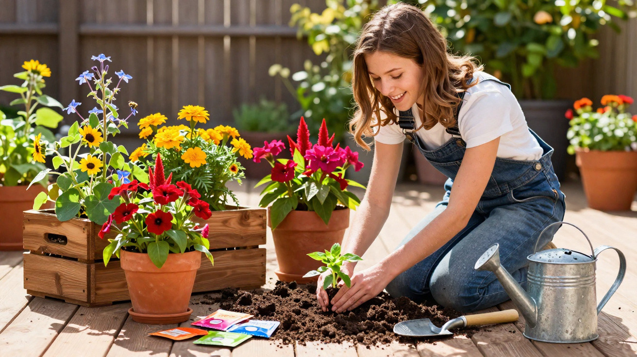 Young girl planting a seedling outdoors surrounded by colourful flowers, gardening tools, and seed packets.