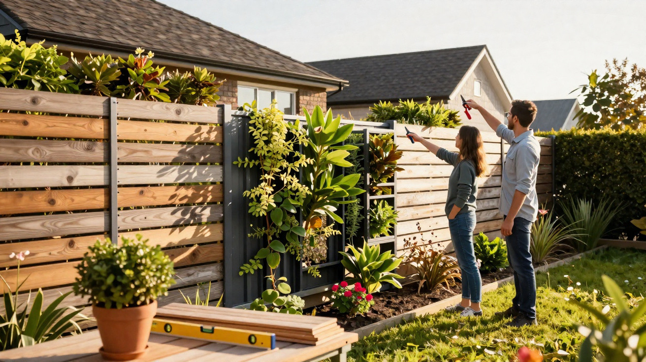 Couple pruning plants on a wooden fence in a sunny garden with houses in the background.