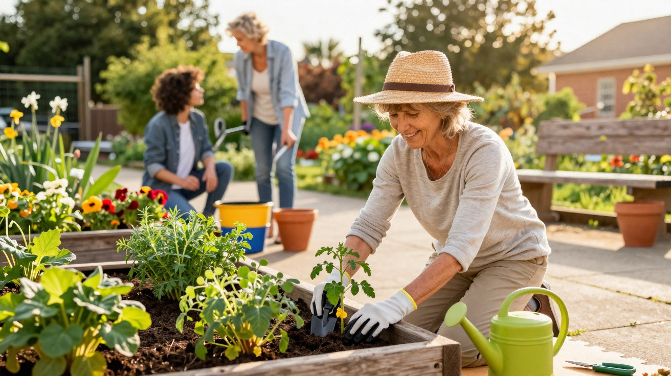 Older woman planting seedlings in raised garden bed while two women chat in the background in a sunny garden.