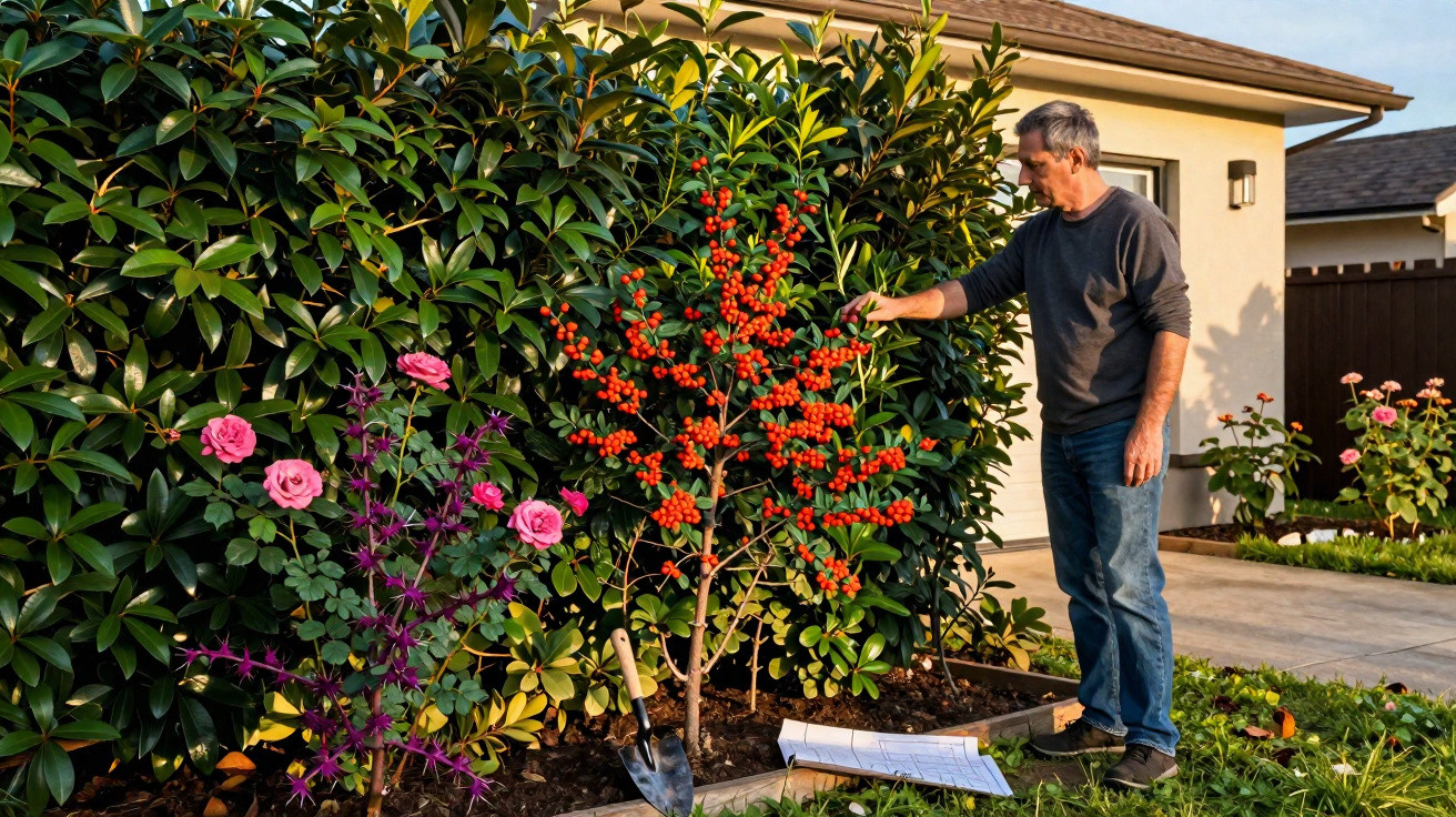 Man in casual clothes inspecting a garden with red-berried bush and pink roses beside a house.