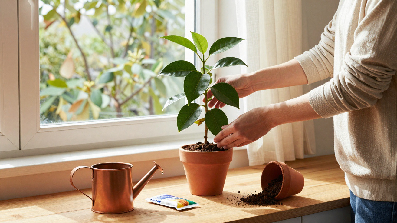 Person repotting a green plant by a window with a copper watering can and spilled soil on a wooden table.