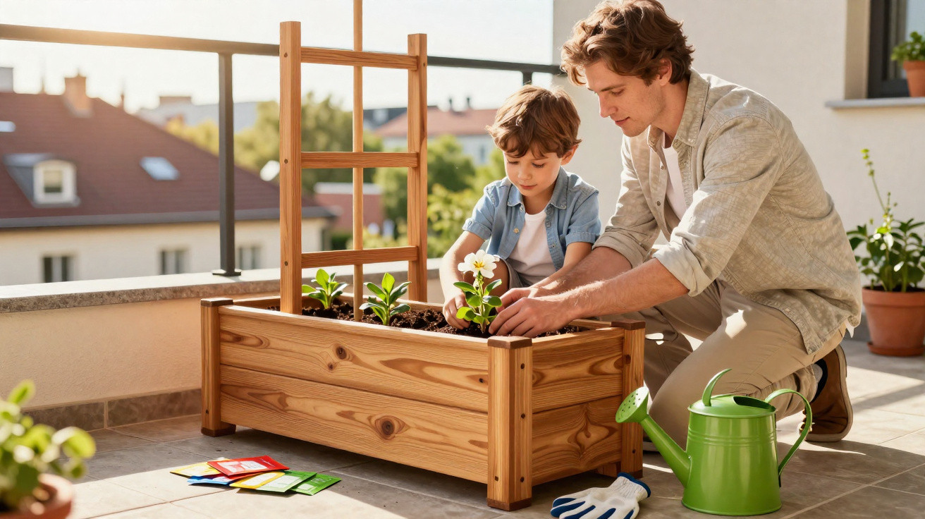 Father and son planting flowers together in a wooden raised garden bed on a sunny balcony.
