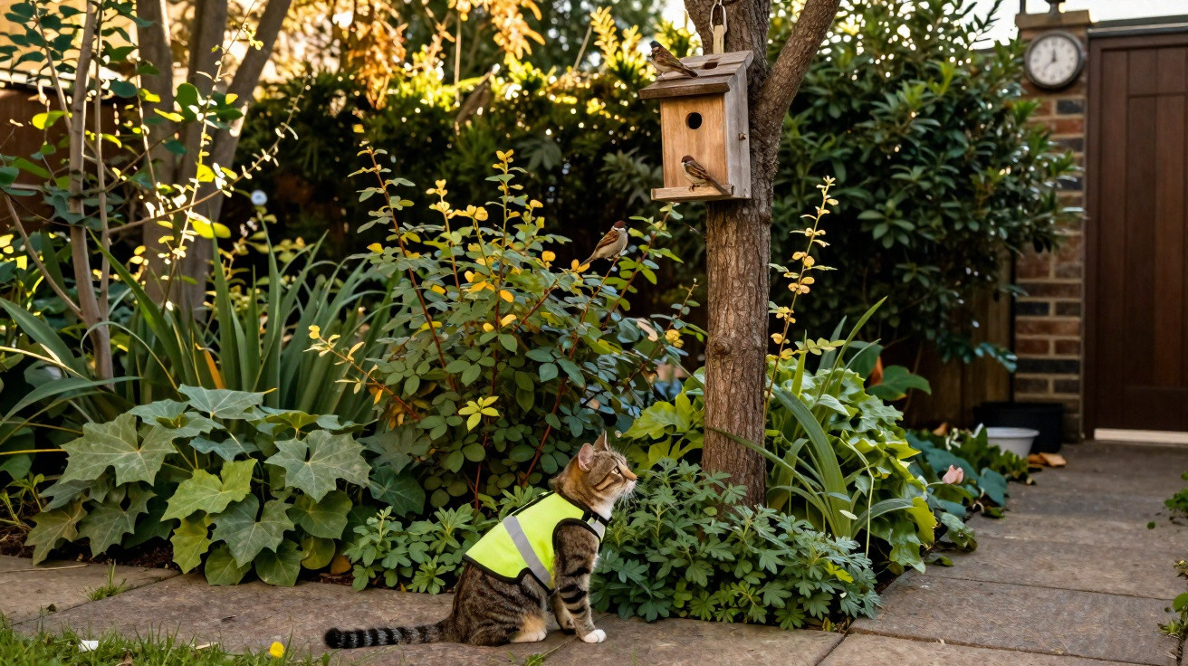 Tabby cat wearing a reflective vest sits on a garden path looking at birds near a wooden birdhouse on a tree.