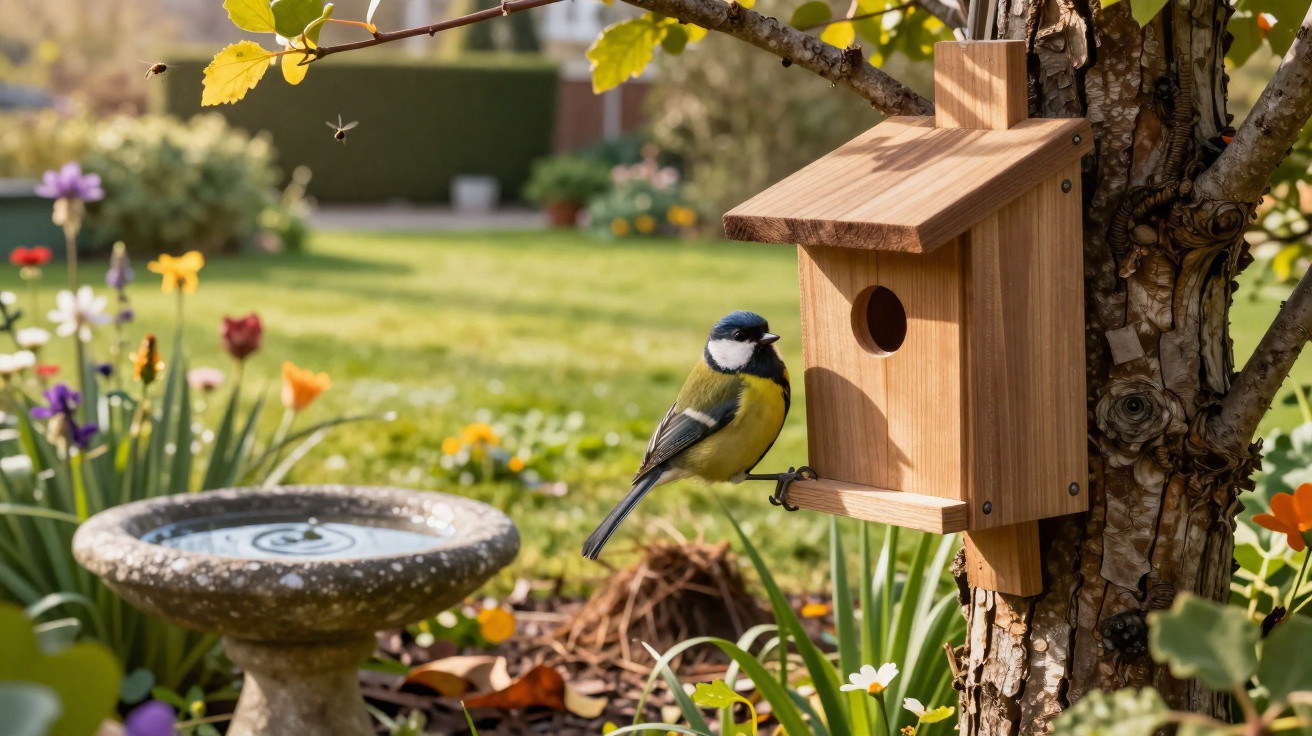 Great tit perched on a wooden birdhouse attached to a tree in a colourful garden with a birdbath nearby.