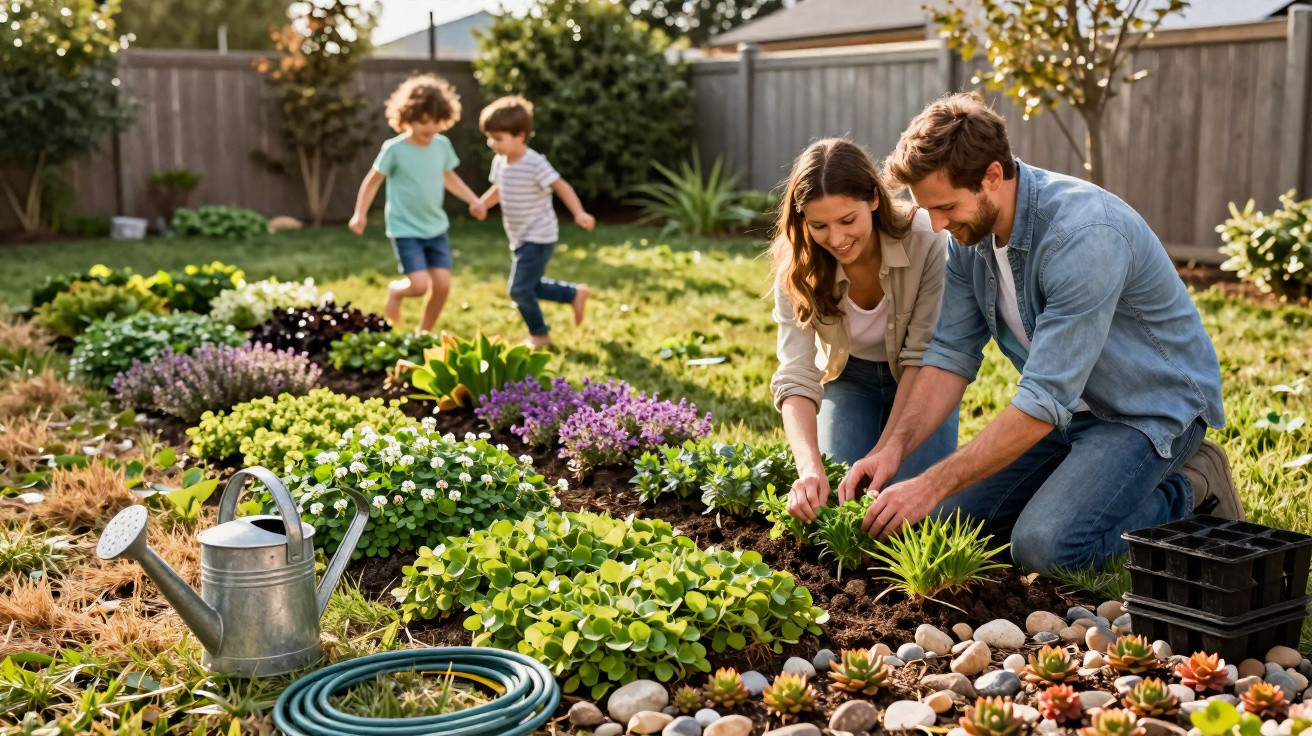 Couple gardening together in a backyard while two children play nearby on a sunny day.