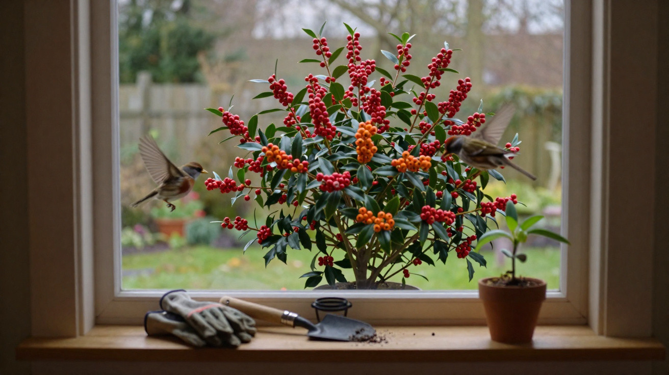 Garden scene viewed through window showing holly plant with red and orange berries, two birds, gardening tools, and a small p