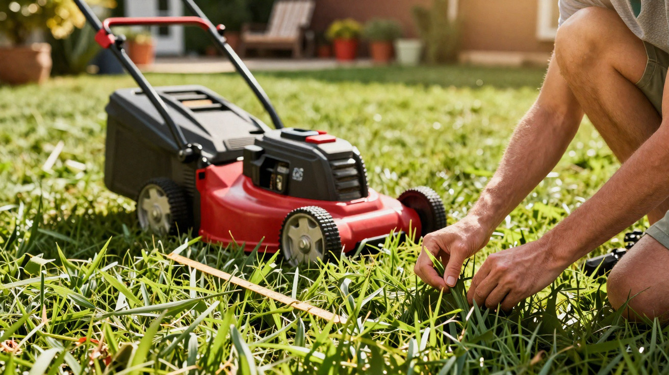 Person kneeling on grass measuring lawn with tape measure next to a red and black lawn mower in garden.