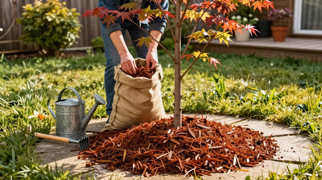 Person spreading mulch around young tree in a garden with watering can and rake on grass.