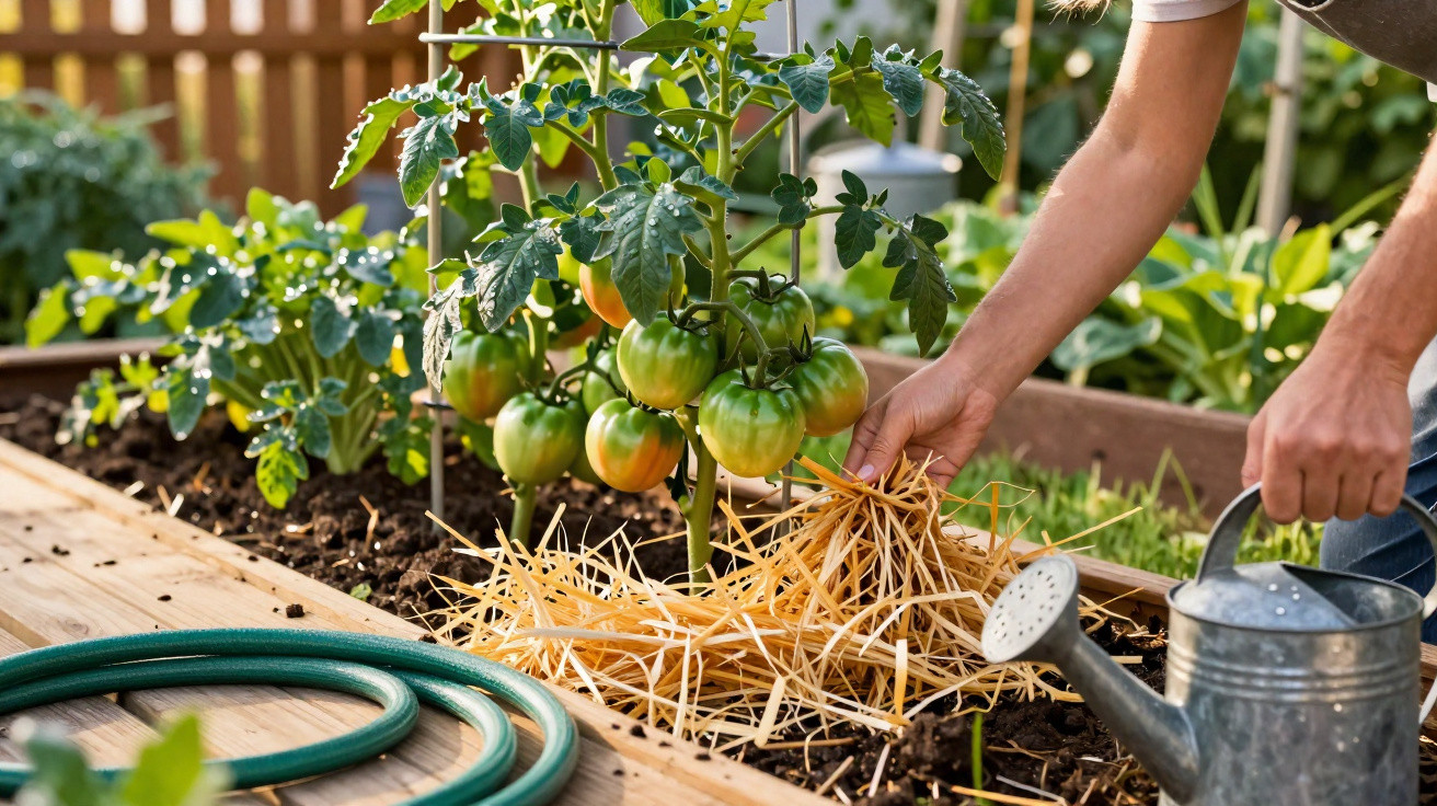 Person mulching young tomato plants in a raised wooden garden bed with a watering can nearby