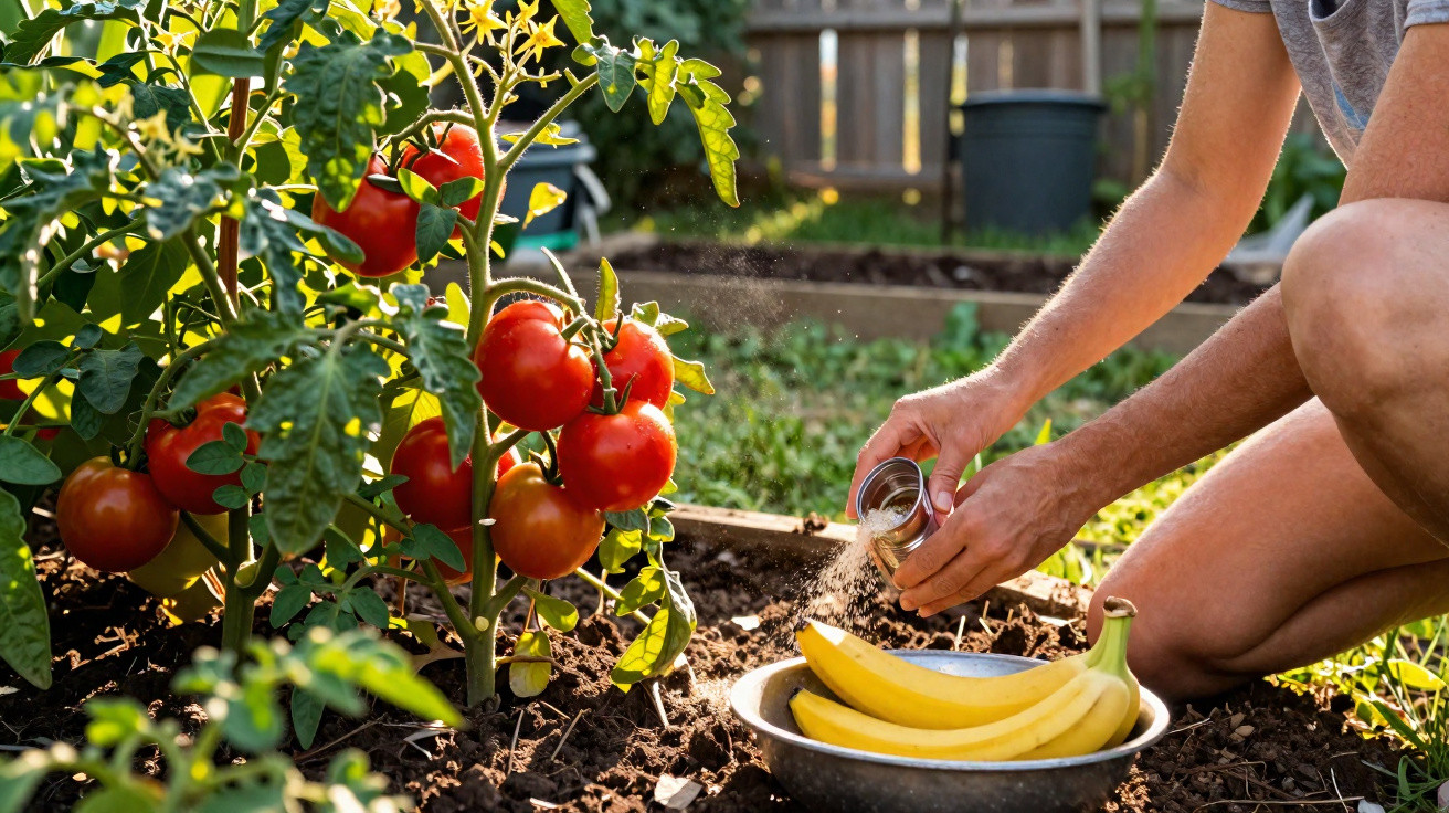 Person sprinkling fertilizer on soil near a tomato plant with ripe tomatoes and a bowl of bananas outdoors.