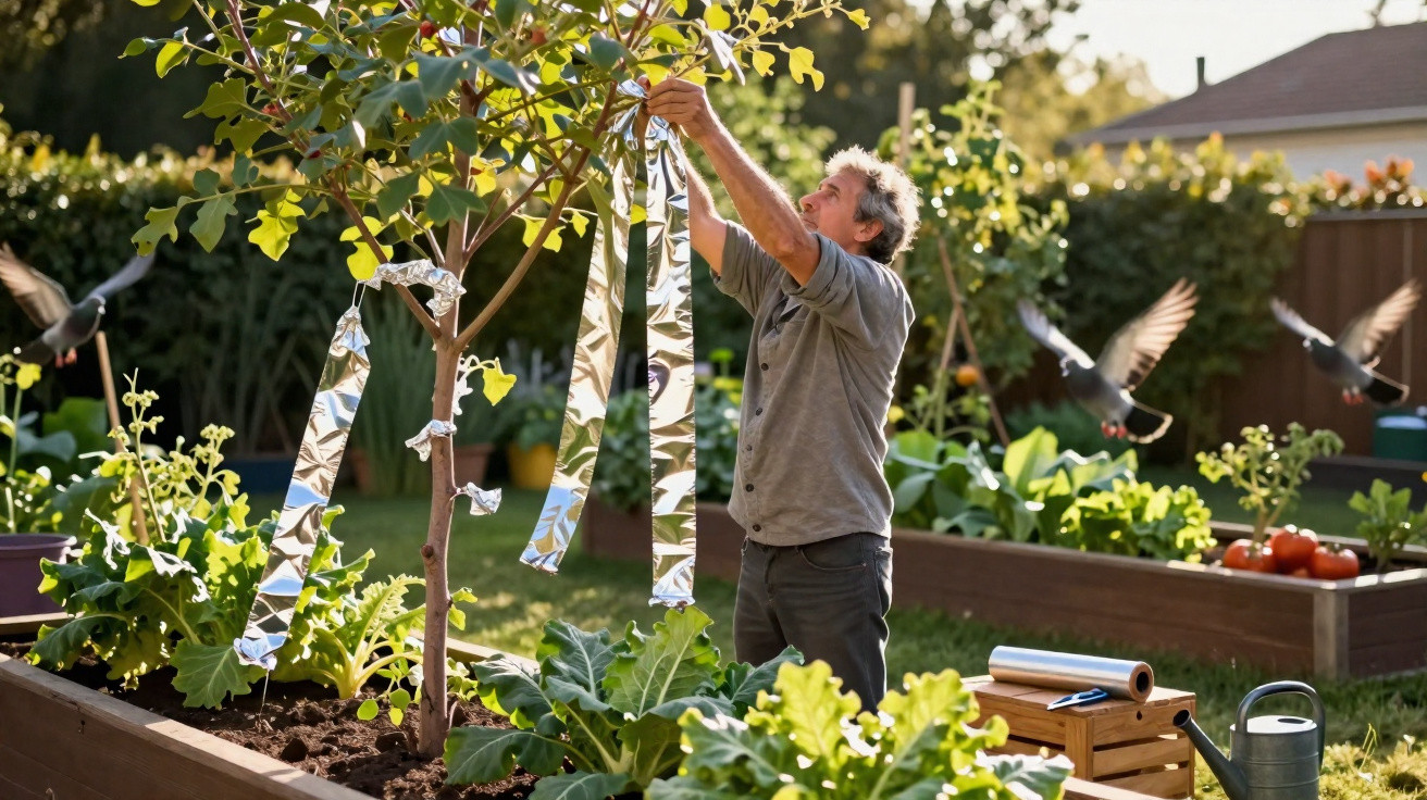 Man attaching reflective strips to tree branches in a sunlit garden with raised vegetable beds and flying pigeons.
