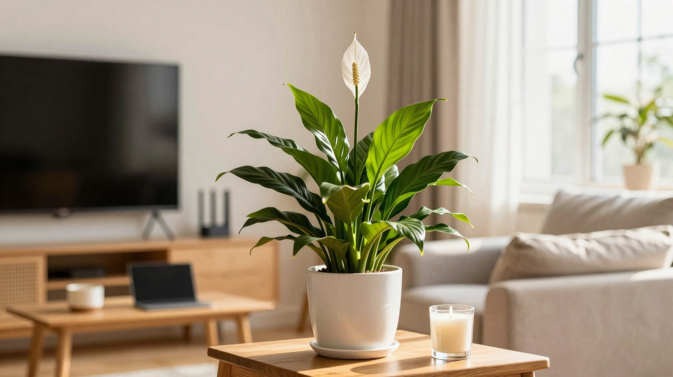 Green peace lily plant in white pot on wooden table with candle in bright living room background