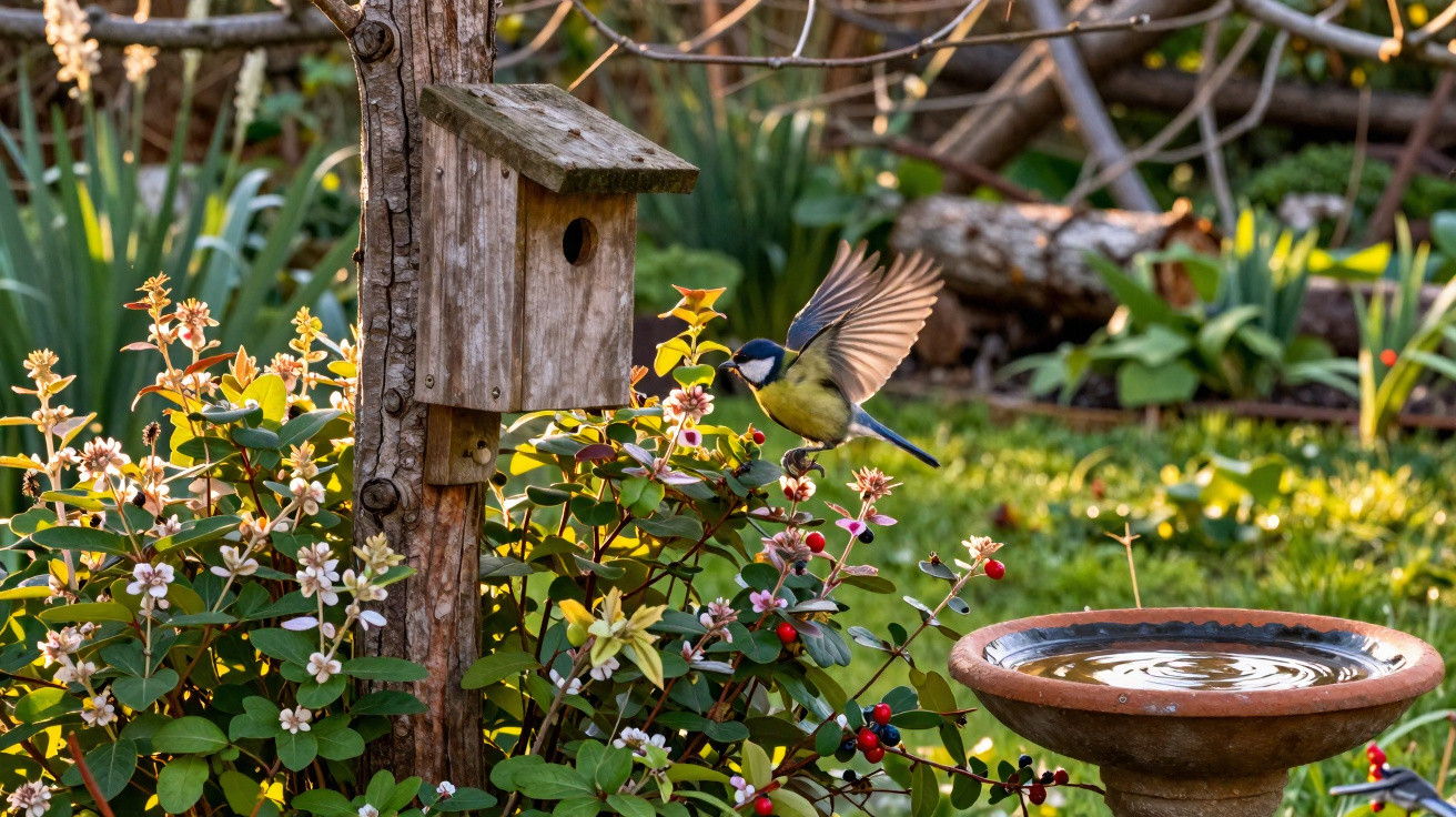 Blue tit bird in flight beside wooden birdhouse and flowering shrub near a garden birdbath at sunset.