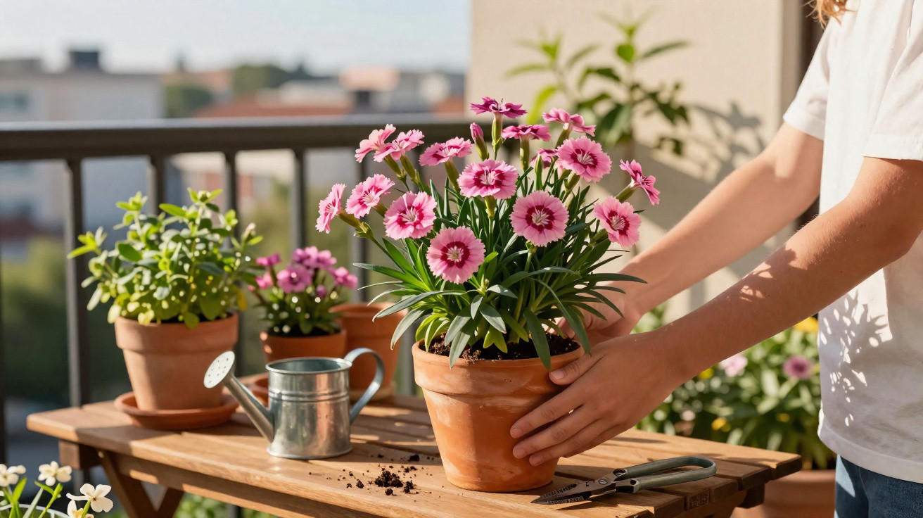 Person arranging a terracotta pot of pink flowers on a wooden table with gardening tools on a balcony.