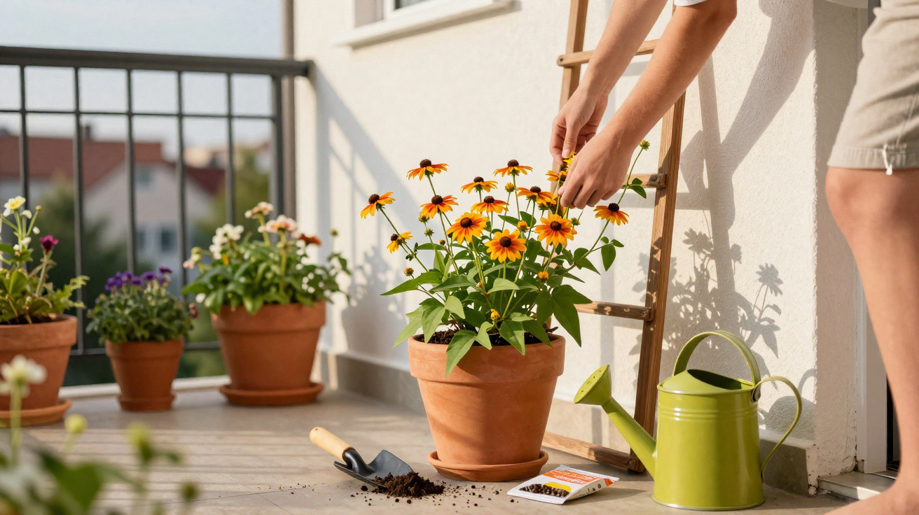 Person tending to yellow flowers in a terracotta pot on a sunny balcony with gardening tools nearby.