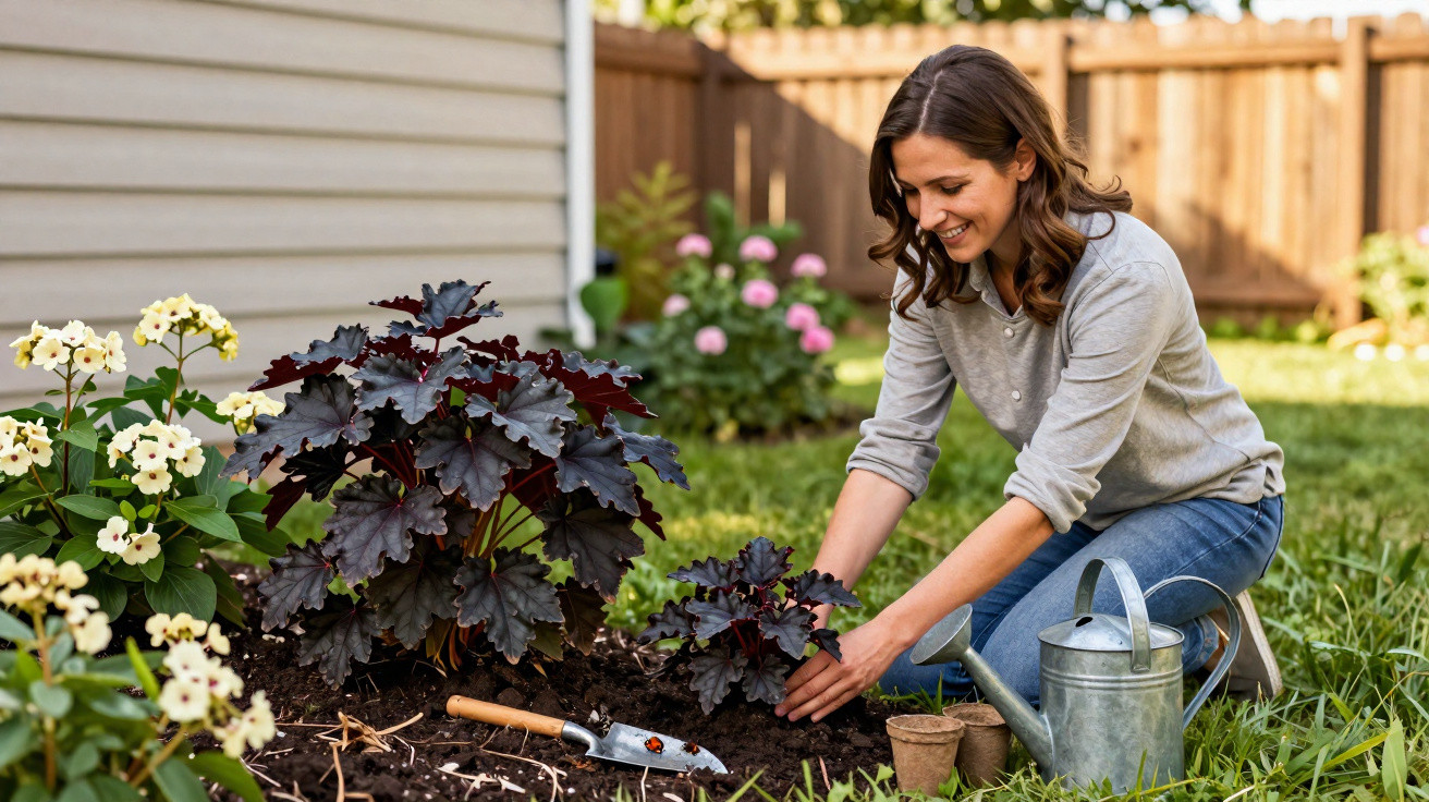 Woman kneeling in garden planting new plants with watering can and trowel nearby in a sunny backyard.
