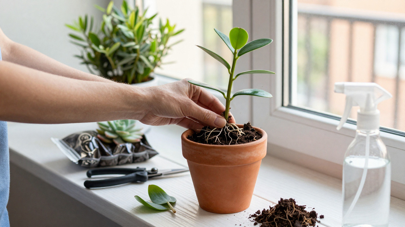 Person repotting a small green plant in a terracotta pot on a windowsill with gardening tools nearby.