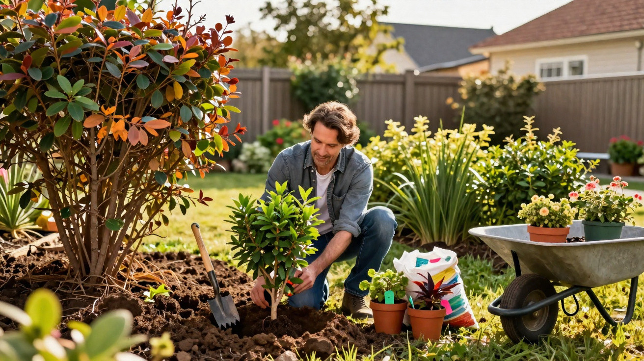 Man planting a small tree in a garden with gardening tools, soil bags, and wheelbarrow nearby on a sunny day.